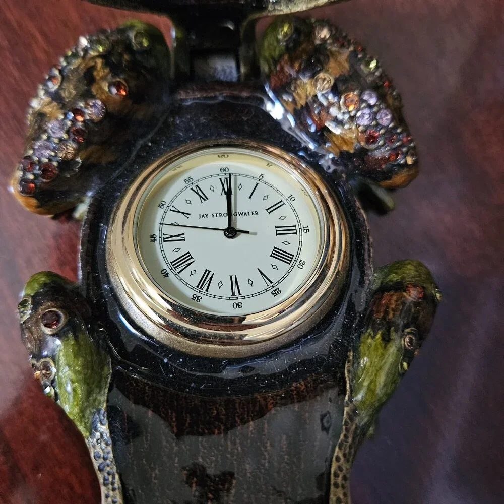 RARE JAY STRONGWATER DARJEELING FROG CRYSTAL ENAMEL DESK CLOCK OBJET FIGURINE